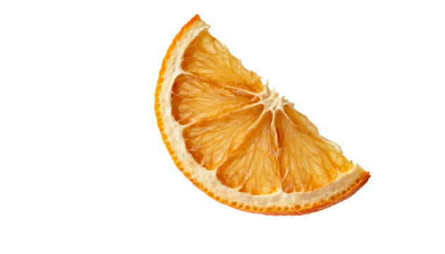 Vibrant translucent dried orange slice, perfect for holiday decorations, natural potpourri, cocktail garnishes, or healthy snack ingredient on a clean white background, studio shot with bright illumin