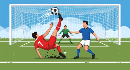 Obraz premium Soccer player kicking ball with acrobatic skill during match competition.