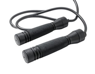Black jump rope with textured grips on a dark background