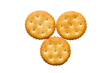 Three round biscuits isolated on a white background. Close-up of dry crackers