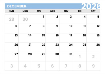 New Year 2026 Planner. Single Month Calendar for December. Simple Layout. December 2026 Modern Calendar Template. Vector December 2026 Calendar. Sunday Start Format. Clean Typography.
