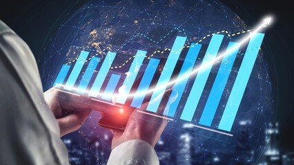 A professional businessman analyzes growth trends on a tablet displaying vibrant 3D graphs while surrounded by a networked urban backdrop, symbolizing innovation. Copula