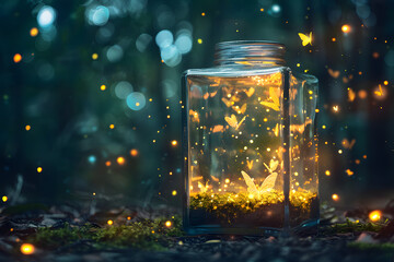 Captivating Jar of Enchanted Butterflies Glowing in a Mysterious Forest Setting