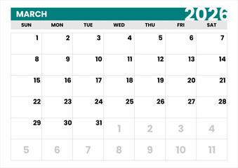 New Year 2026 Planner. Single Month Calendar for March. Simple Layout. March 2026 Modern Calendar Template. Vector March 2026 Calendar. Sunday Start Format. Clean Typography.