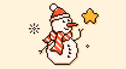 Pixel art Christmas snowman in a colorful scarf and Santa Claus hat with a yellow star and snowflakes.