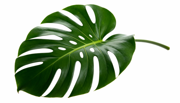 Vibrant tropical monstera deliciosa leaf with distinctive fenestrations, isolated on a white background, showcasing lush green foliage for design elements, botanical decor, or exotic nature concepts a