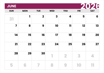 New Year 2026 Planner. Single Month Calendar for June. Simple Layout. June 2026 Modern Calendar Template. Vector June 2026 Calendar. Sunday Start Format. Clean Typography.