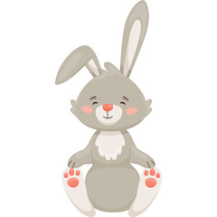 Cute Grey Bunny Rabbit Sitting Peacefully with Eyes Closed and Pink Paw Pads Delicate Cartoon Character Illustration with Fluffy White Chest Detail and Long Ears Upraised on Transparent Background