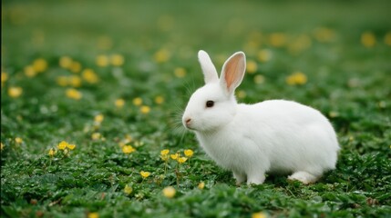 Fototapeta premium Adorable white bunny resting among vibrant wildflowers in sunlit meadow with dew drops and lush greenery