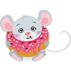 Cute Gray Mouse Holding A Pink Frosted Donut With Colorful Sprinkles A Whimsical Illustration For Childrens Food Concepts On A Transparent Background