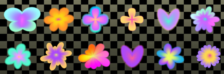Soft gradient flower in y2k style with dreamy blur aura. Abstract flower shape y2k, gentle gradient tones and blur mesh vector element effect.