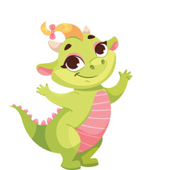 Cute Green Cartoon Dragonling With Pink Accents And A Yellow Bow In Its Hair Smiling Playfully On A Transparent White Background