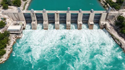 Hydroelectric dam releases powerful water cascades into a vibrant turquoise river.
