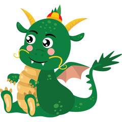 Cute Green Dragon With Yellow Horns Wearing A Small Red Hat And Blue Eyes Sitting Down In A Playful Pose With A Transparent Background