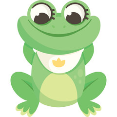 Cute green frog cartoon character with big eyes and a small yellow crown on its bib wearing a white bib and sitting on a transparent background in a cute pose