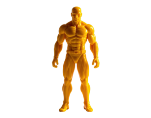 Golden, muscular figure, poised, on black backdrop