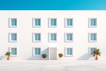 Minimalist White Building with Symmetrical Windows and Potted Plants in Bright Daylight