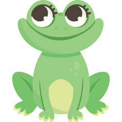 Obraz premium Cute green frog cartoon character with big eyes sitting on transparent background with light green belly and textured skin