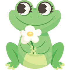 Cute green frog holding a small white flower with a yellow center with large round eyes and a gentle smile on a transparent background