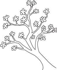 Simple black and white line drawing of flowering branches tree