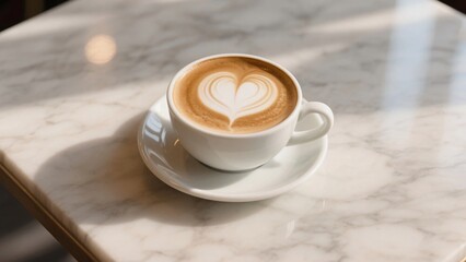 Latte art heart design shining beautifully in warm sunlight on elegant marble table during calm morning moment