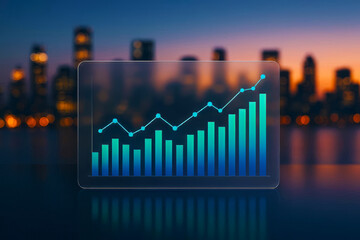 Business Analytics with Glass Chart – Transparent screen showing charts against urban skyline