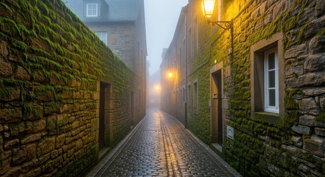 Mystical foggy alleyway of stone buildings in an old town evoking a sense of historical tranquility