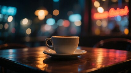 Hot coffee cup on wooden table with colorful night lights and cozy cafe atmosphere around