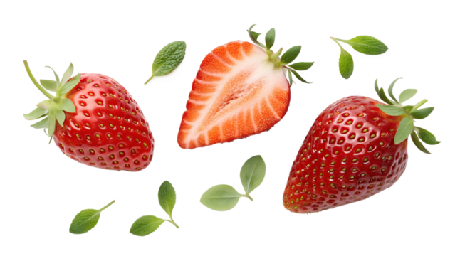 Strawberry with half slices falling or floating in the air with green leaves isolated on background, Fresh organic fruit with high vitamins and minerals.