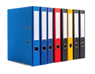 Row of colorful file binders with blank spine labels