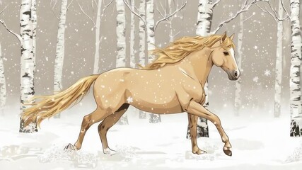 A palomino horse gallops through a snowy forest. Snowy scenery