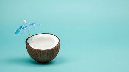 A minimalist tropical image features a half coconut shell filled with white liquid that resembles coconut milk, set against a bright turquoise background.