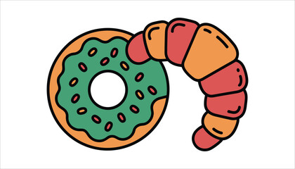 Green iced donut with sprinkles next to a croissant illustration pastry baked goods