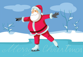 Santa Claus Ice Skating Wishing Merry Christmas Vector Illustration. Cheerful Santa doing winter sports on ice feeling carefree
