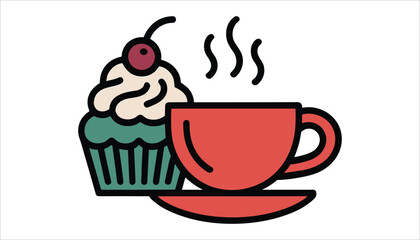 Red coffee cup with steam next to a cupcake topped with a cherry on a white background hot drink