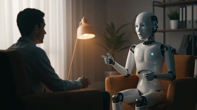 A humanoid robot psychologist converses with a young man in a cozy living room with warm lighting and a sofa. The concept of human-robot interaction and the psychology of the future