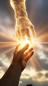 Human hand reaching up towards a glowing divine hand coming down from the sky, symbolizing creation, faith, spiritual help, and hope, with dramatic clouds forming in the background