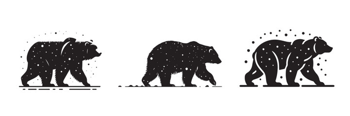 Obraz premium Three black bear silhouettes with star patterns and white background.