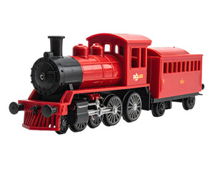 Obraz premium Red toy steam train with tender, black details, and wheels