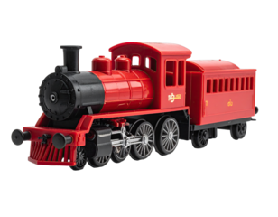 Red toy steam train with tender, black details, and wheels