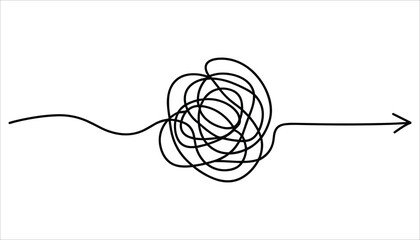 Black tangled line transforming into a straight arrow on white background messy