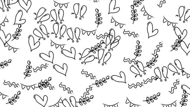 Cute Doodle Pattern With Hearts Leaves Streamers Black and White Seamless Background
