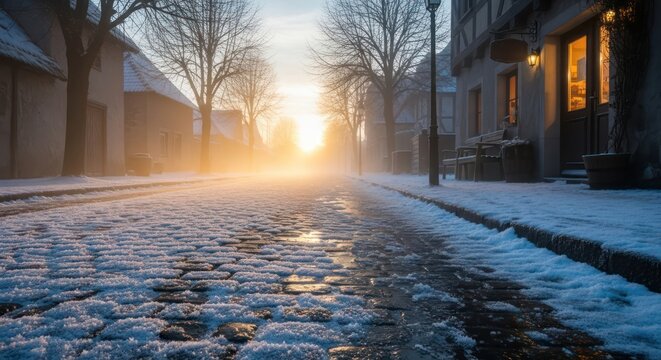 Enchanting european streetscape featuring cobblestone pathway dusted with pristine snow and bathed