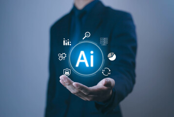 A businessman holding a glowing AI icon with digital technology symbols, representing artificial intelligence, data analytics, innovation, and futuristic business solutions.