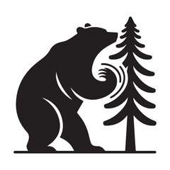 Silhouette of a bear interacting with a tall evergreen tree.