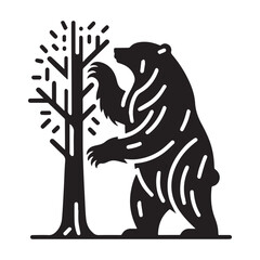 Bear and Tree Silhouette: Black and White Illustration.