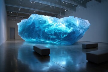 Large Blue Ice Sculpture Installation In A Museum