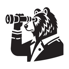 Observant Bear in Suit with Telescope: Focused Business Vision.