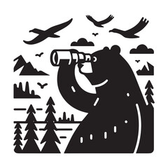 Bear Observing Nature with Binoculars in the Wilderness.