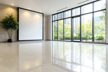 Modern and Bright Empty Room with Large Windows and Glossy Flooring in Urban Environment